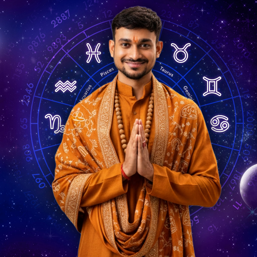 Ram Prasad Patra in saffron traditional attire before a glowing zodiac wheel